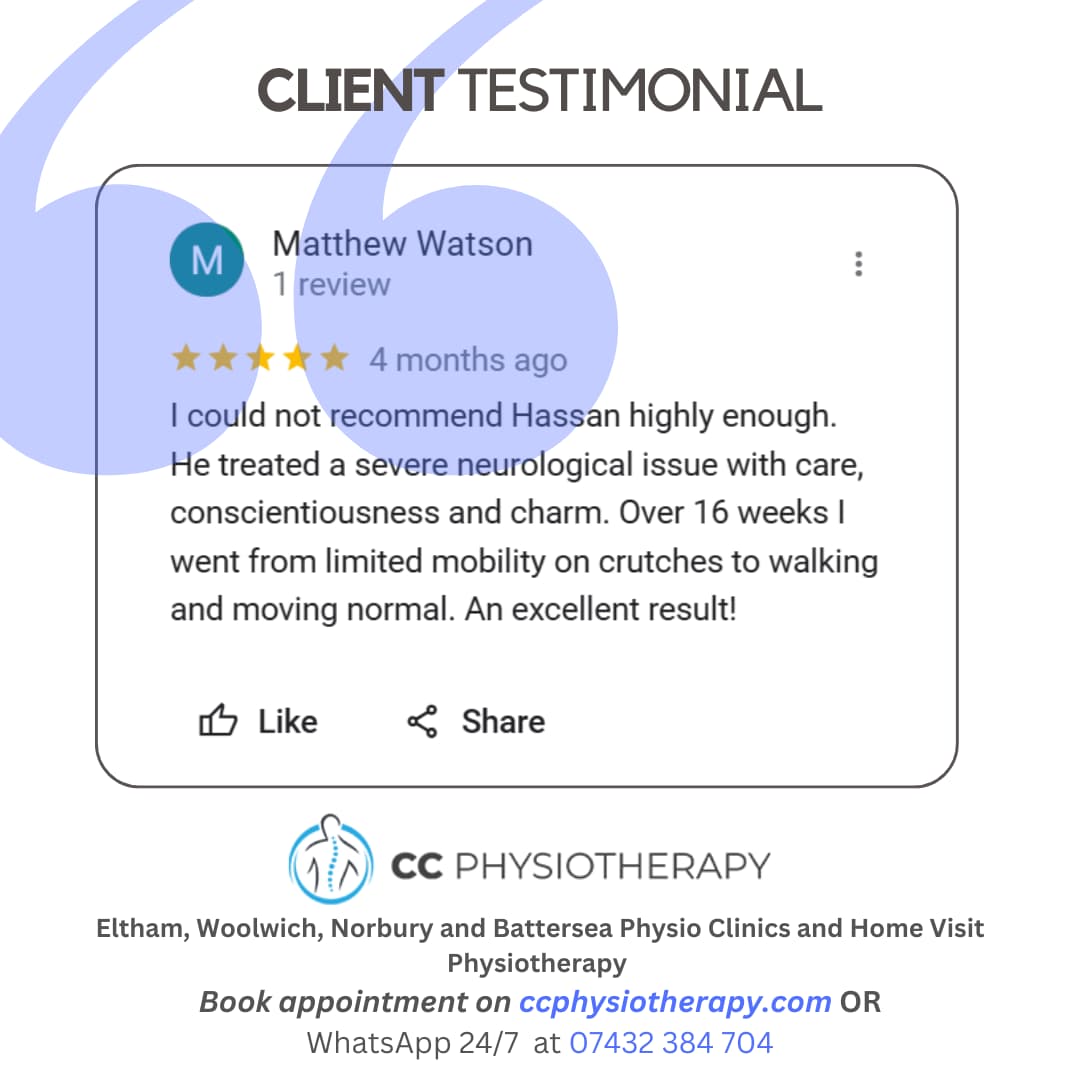Patient testimonial for rehab at Clearcut Physiotherapy in London.