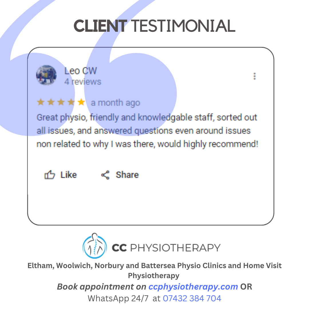 Patient testimonial for rehab at Clearcut Physiotherapy in London.